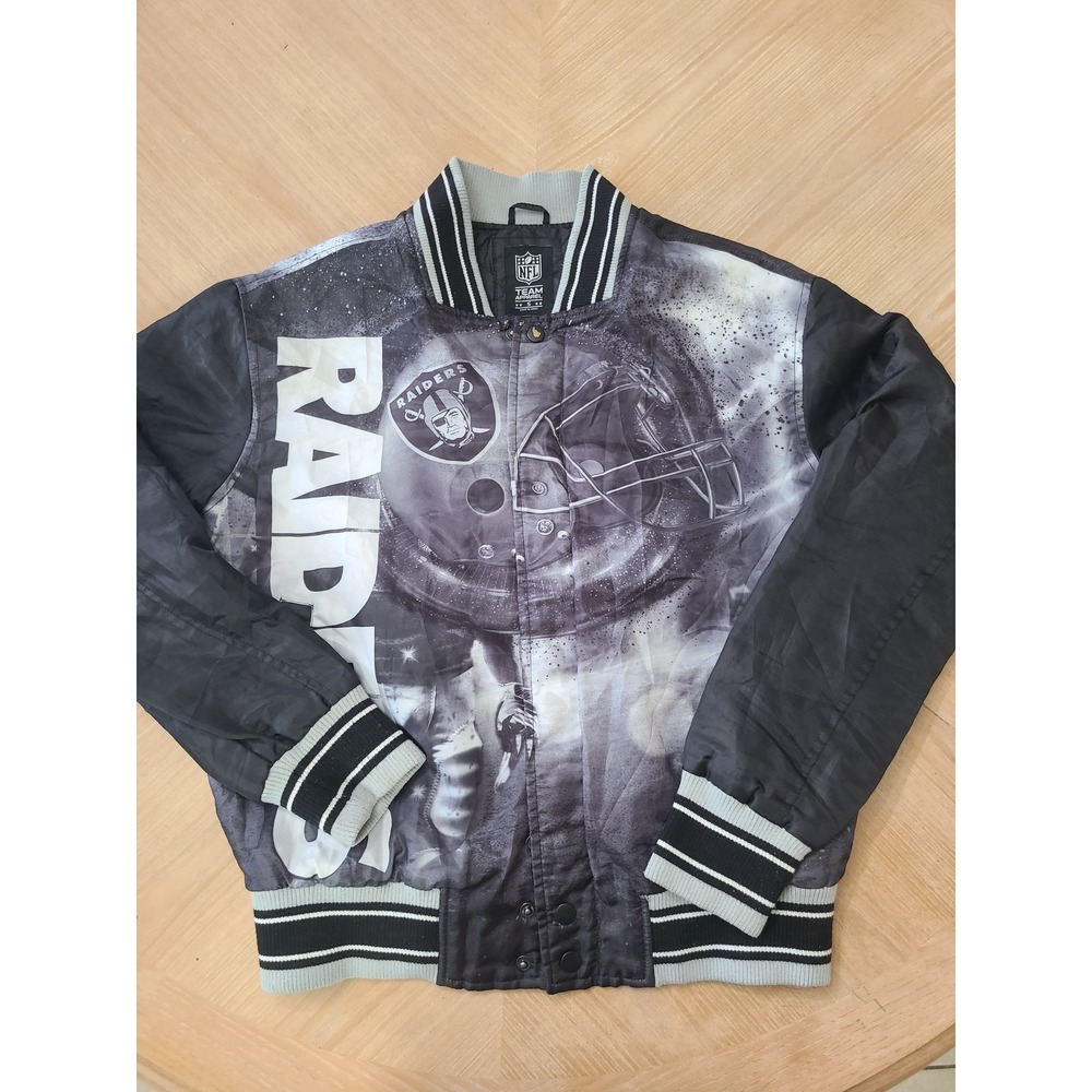 NFL Raiders Varsity Jacket Mens Small Black Grey Sublimation Print Good